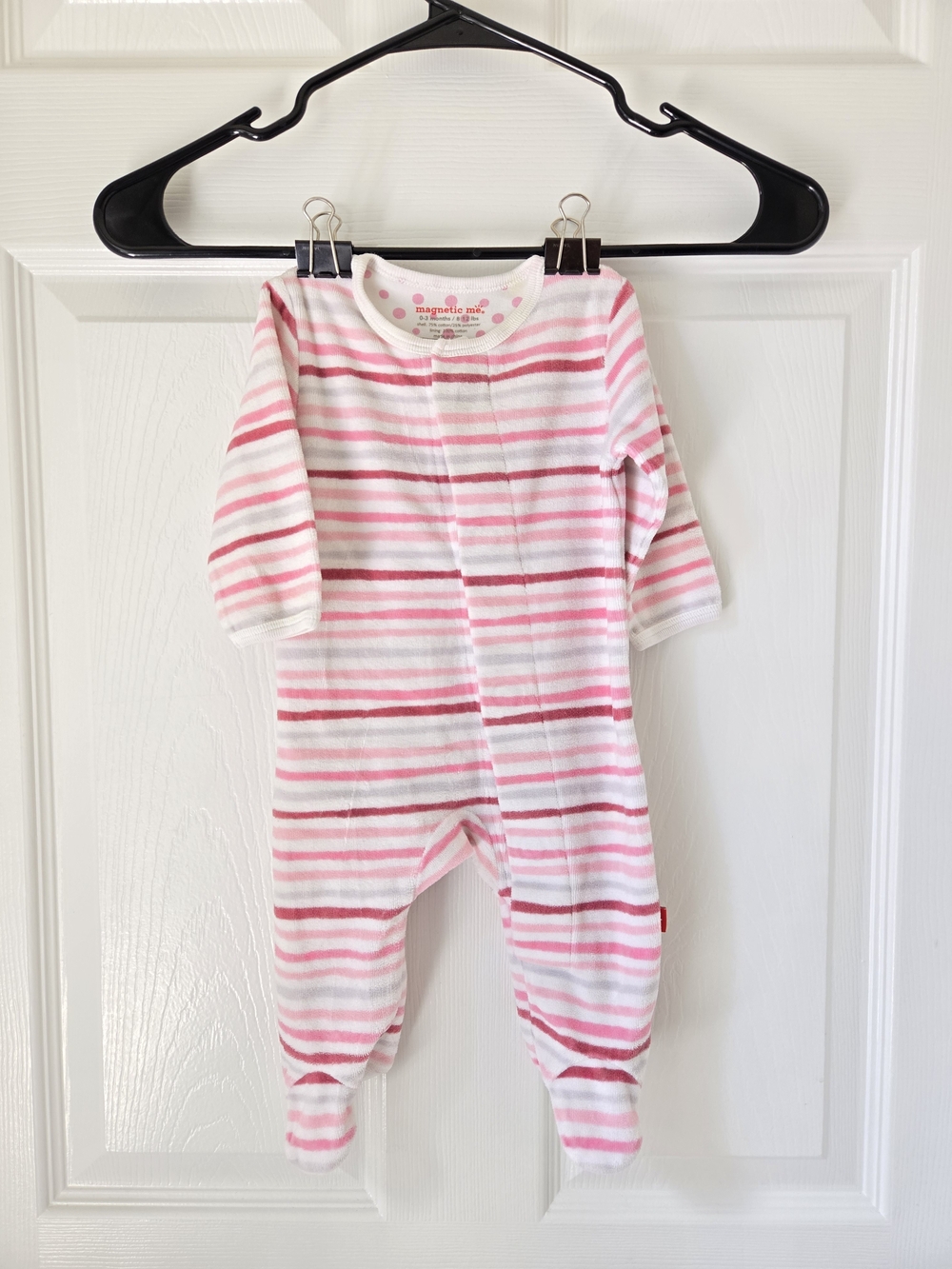 Magnetic Me Pink, White, Gray Striped Long Sleeve Footed One-Piece Onesie 0-3m